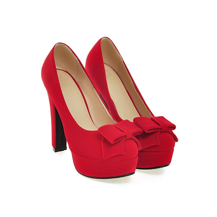 Ladies Suede Round Toe Butterfly Knot Chunky Heel Platform Pumps