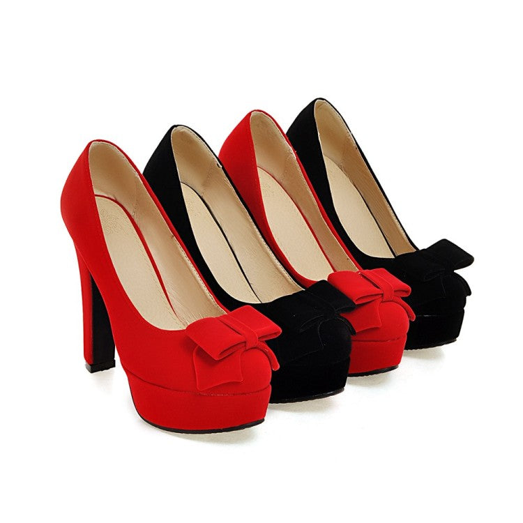 Ladies Suede Round Toe Butterfly Knot Chunky Heel Platform Pumps