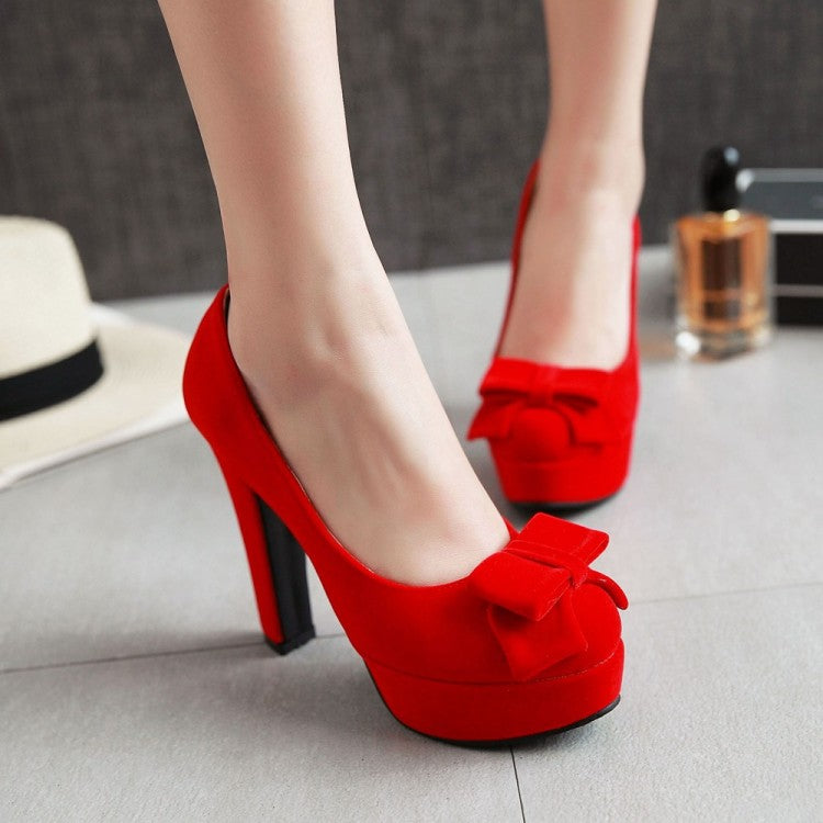 Ladies Suede Round Toe Butterfly Knot Chunky Heel Platform Pumps