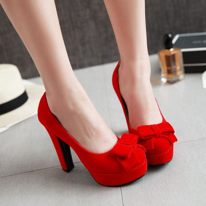 Ladies Suede Round Toe Butterfly Knot Chunky Heel Platform Pumps