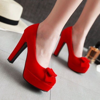 Ladies Suede Round Toe Butterfly Knot Chunky Heel Platform Pumps