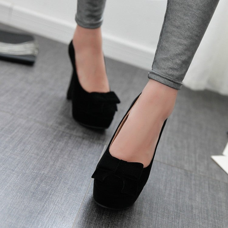 Ladies Suede Round Toe Butterfly Knot Chunky Heel Platform Pumps