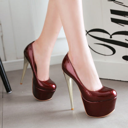 Ladies Glossy Almond Toe Stiletto Heel Platform Pumps