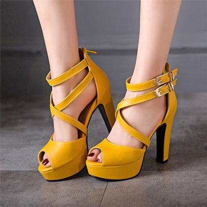 Ladies Solid Color Peep Toe Hollow Out Cross Ankle Strap Chunky Heel Platform Sandals