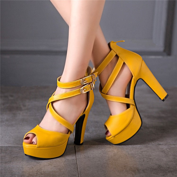 Ladies Solid Color Peep Toe Hollow Out Cross Ankle Strap Chunky Heel Platform Sandals