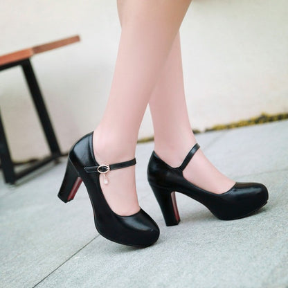 Ladies Glossy Almond Toe Chunky Heels Mary Jane High Heel Platform Pumps