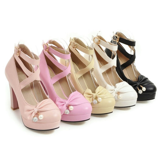 Ladies Strappy Bowtie High Heel Chunky Heels Platform Pumps