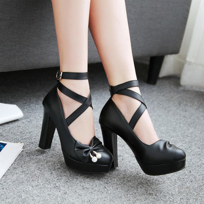 Ladies Strappy Bowtie High Heel Chunky Heels Platform Pumps