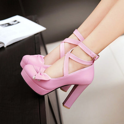 Ladies Strappy Bowtie High Heel Chunky Heels Platform Pumps