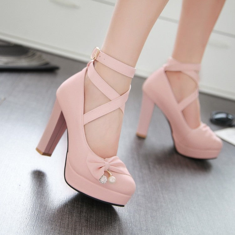 Ladies Strappy Bowtie High Heel Chunky Heels Platform Pumps