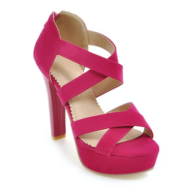 Ladies Solid Color Cross Strap Ankle Wrap High Heel Platform Sandals