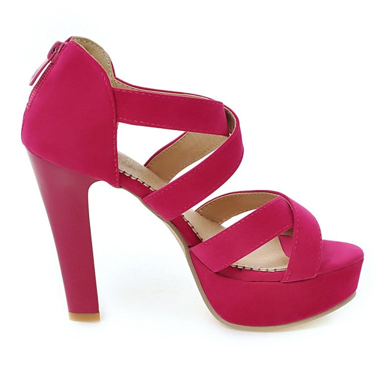 Ladies Solid Color Cross Strap Ankle Wrap High Heel Platform Sandals