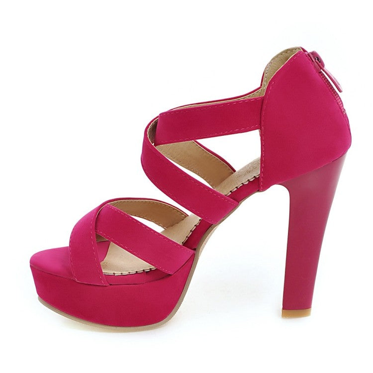 Ladies Solid Color Cross Strap Ankle Wrap High Heel Platform Sandals