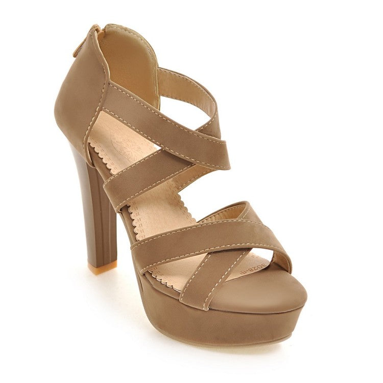 Ladies Solid Color Cross Strap Ankle Wrap High Heel Platform Sandals