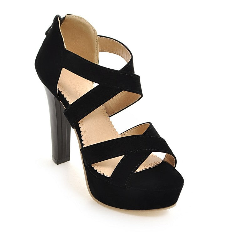 Ladies Solid Color Cross Strap Ankle Wrap High Heel Platform Sandals