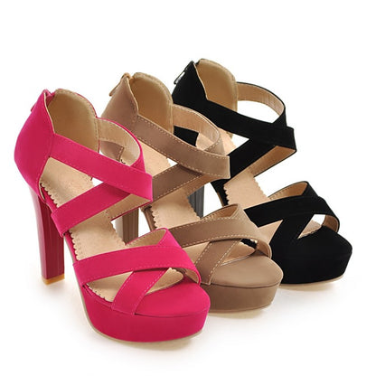 Ladies Solid Color Cross Strap Ankle Wrap High Heel Platform Sandals