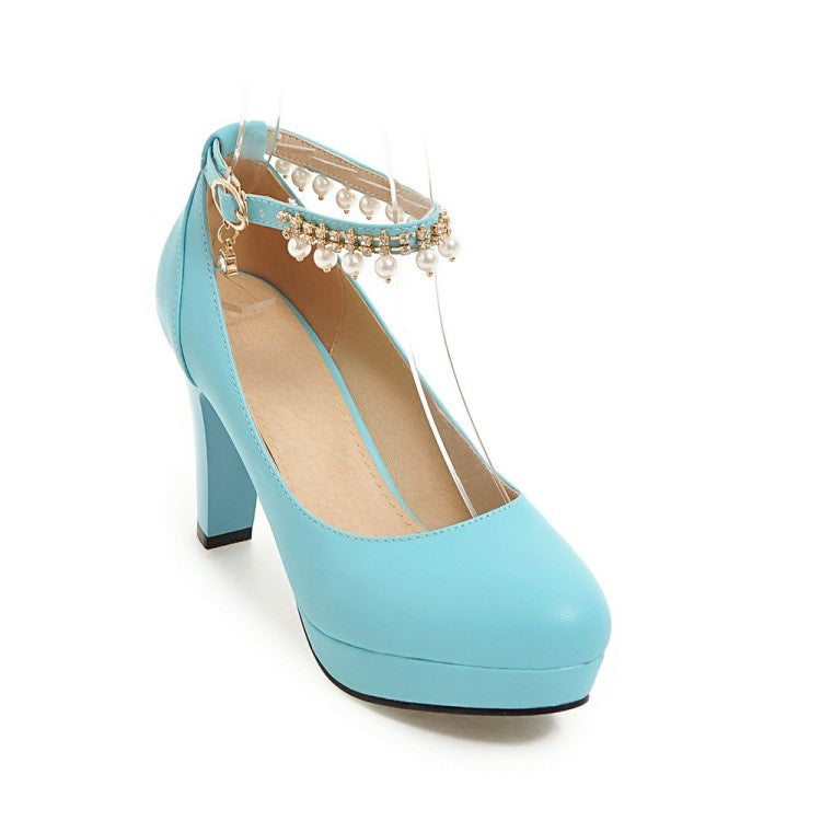 Ladies Pu Leather Round Toe Rhinestone Chunky Heel Platform Pumps