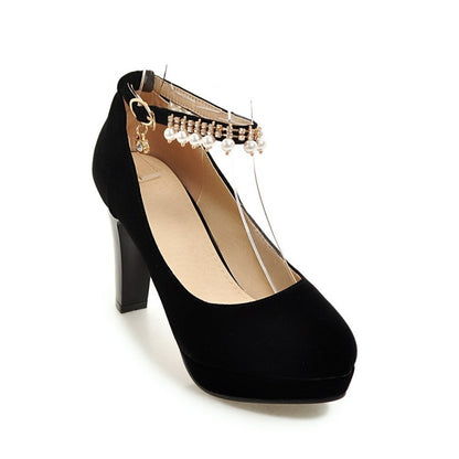 Ladies Pu Leather Round Toe Rhinestone Chunky Heel Platform Pumps