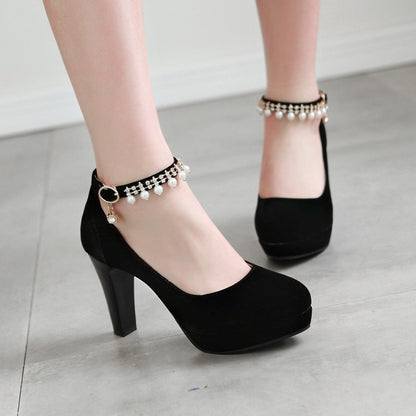 Ladies Pu Leather Round Toe Rhinestone Chunky Heel Platform Pumps