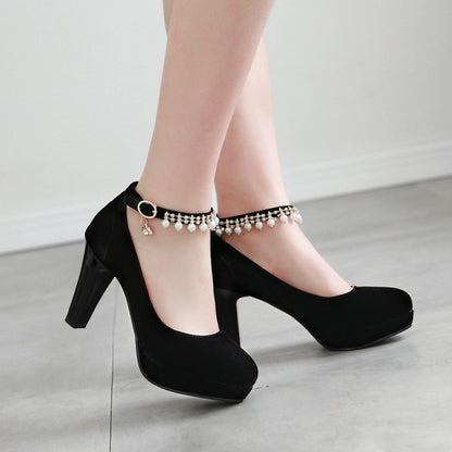 Ladies Pu Leather Round Toe Rhinestone Chunky Heel Platform Pumps