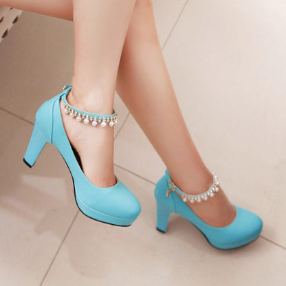 Ladies Pu Leather Round Toe Rhinestone Chunky Heel Platform Pumps