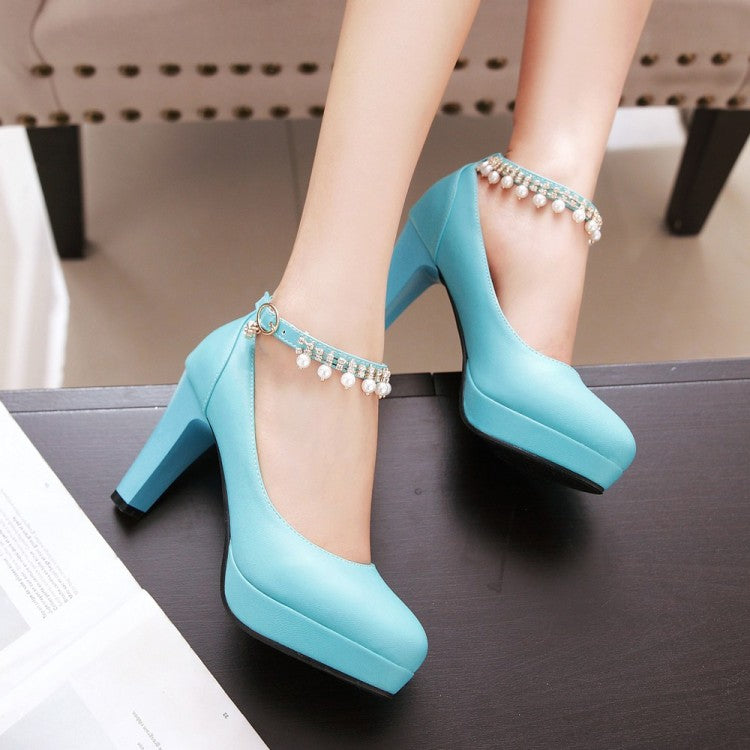 Ladies Pu Leather Round Toe Rhinestone Chunky Heel Platform Pumps