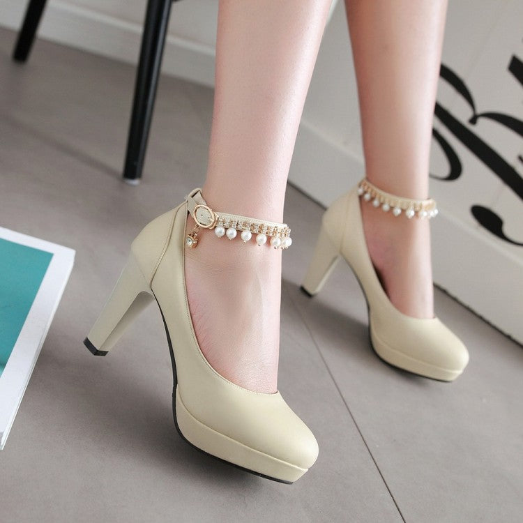 Ladies Pu Leather Round Toe Rhinestone Chunky Heel Platform Pumps