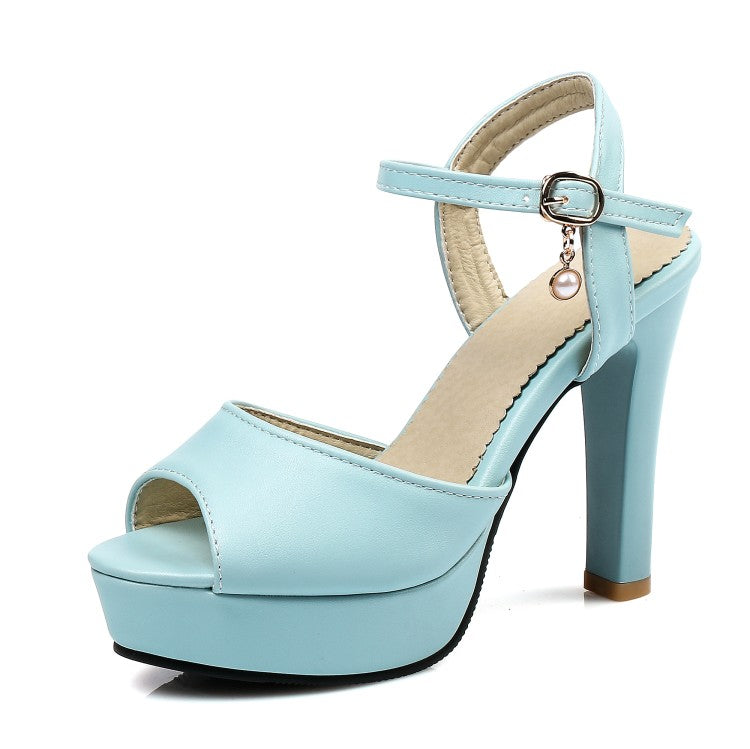 Ladies High Heeled Peep Toe Ankle Strap Pearls Chunky Heel Platform Sandals