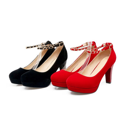 Ladies Suede Round Toe Metal Chains Chunky Heel Platform Pumps