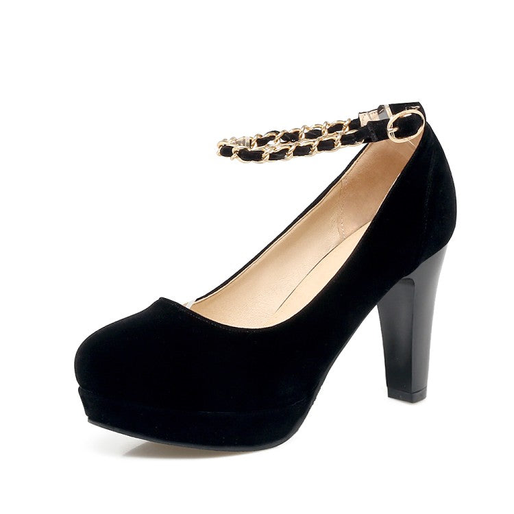 Ladies Suede Round Toe Metal Chains Chunky Heel Platform Pumps