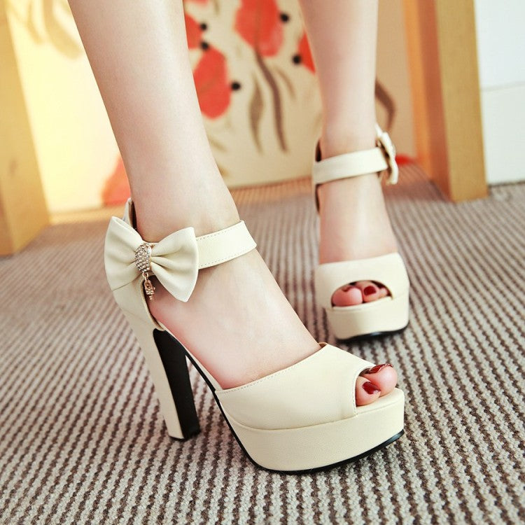 Ladies Solid Color Butterfly Knot Rhinestone High Heel Platform Sandals