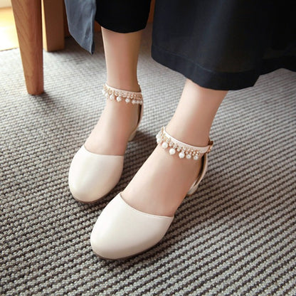 Ladies Solid Color Round Toe Hollow Out Pearls Ankle Strap Block Heel Low Heels Sandals