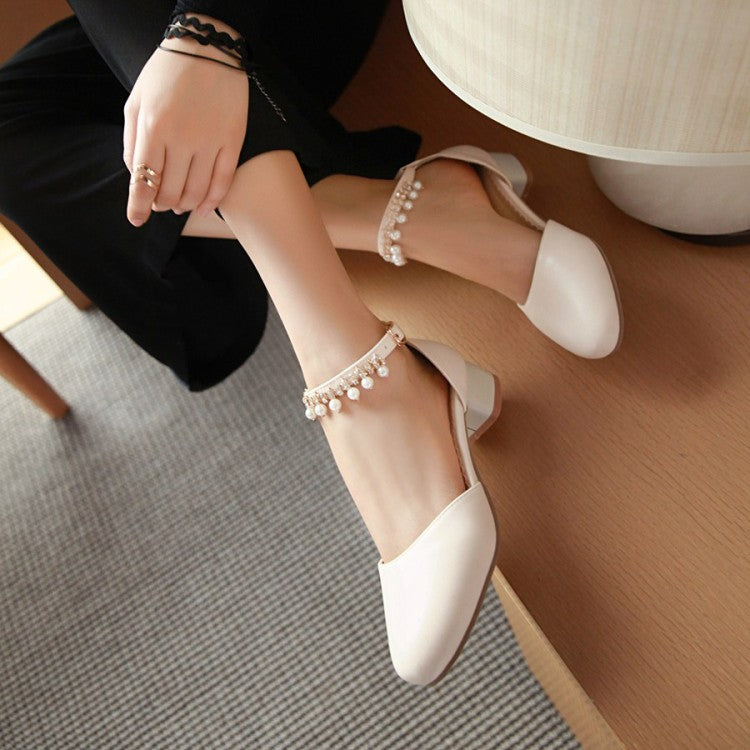 Ladies Solid Color Round Toe Hollow Out Pearls Ankle Strap Block Heel Low Heels Sandals