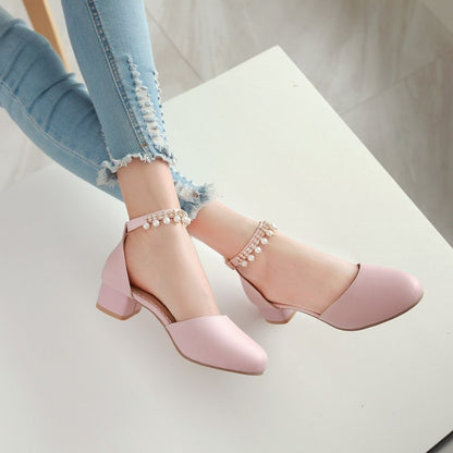 Ladies Solid Color Round Toe Hollow Out Pearls Ankle Strap Block Heel Low Heels Sandals