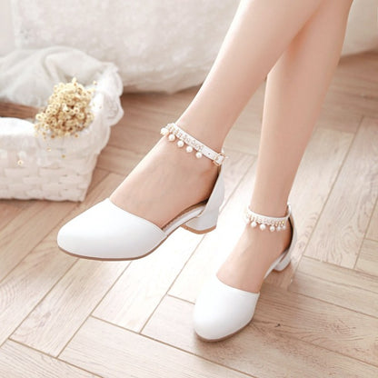 Ladies Solid Color Round Toe Hollow Out Pearls Ankle Strap Block Heel Low Heels Sandals