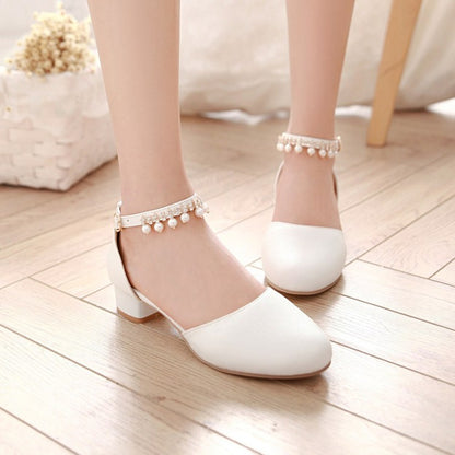 Ladies Solid Color Round Toe Hollow Out Pearls Ankle Strap Block Heel Low Heels Sandals