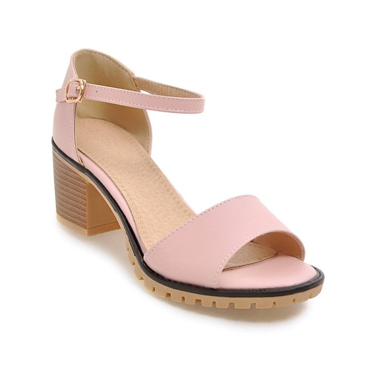 Ladies Solid Color Peep Toe Ankle Strap Block Heel Low Heels Sandals