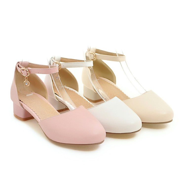 Ladies Solid Color Round Toe Block Heel Low Heels Sandals