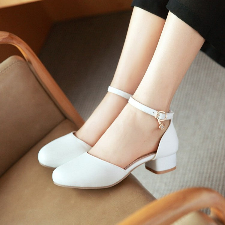 Ladies Solid Color Round Toe Block Heel Low Heels Sandals