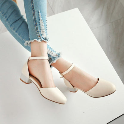 Ladies Solid Color Round Toe Block Heel Low Heels Sandals