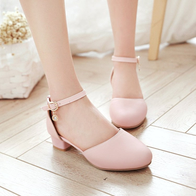 Ladies Solid Color Round Toe Block Heel Low Heels Sandals