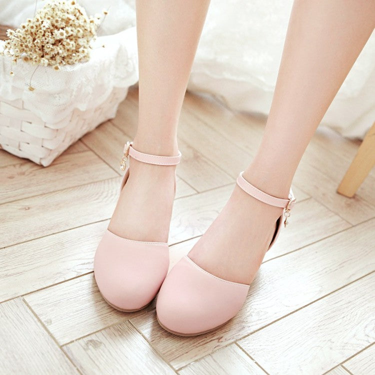 Ladies Solid Color Round Toe Block Heel Low Heels Sandals