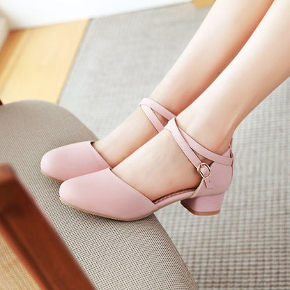 Ladies Solid Color Hollow Out Ankle Strap Round Toe Block Heel Low Heels Sandals