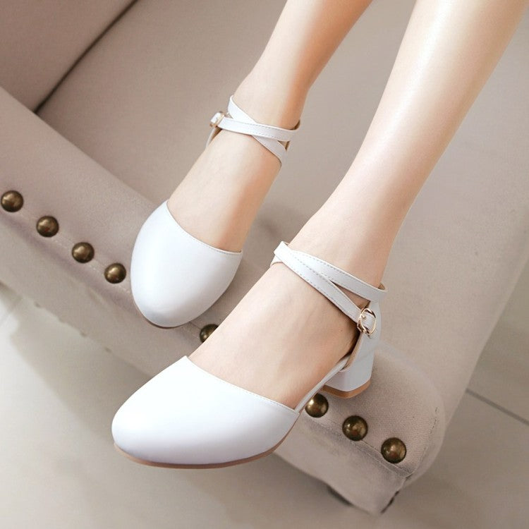 Ladies Solid Color Hollow Out Ankle Strap Round Toe Block Heel Low Heels Sandals