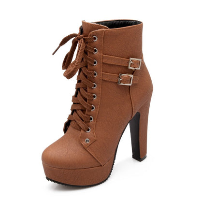 Ladies Frosted Pu Leather Tied Belts Buckles Chunky Heel Platform Short Boots