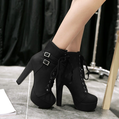 Ladies Frosted Pu Leather Tied Belts Buckles Chunky Heel Platform Short Boots