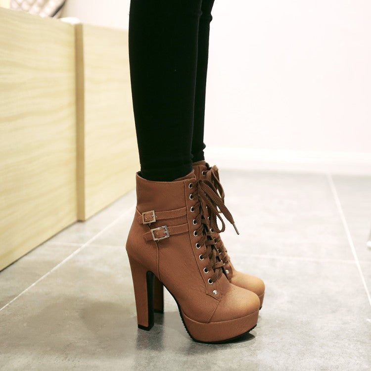 Ladies Frosted Pu Leather Tied Belts Buckles Chunky Heel Platform Short Boots