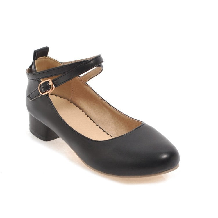 Women Ankle Strap Chunky Pumps Low Heels Shoes