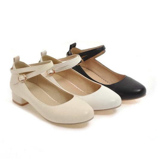 Women Ankle Strap Chunky Pumps Low Heels Shoes