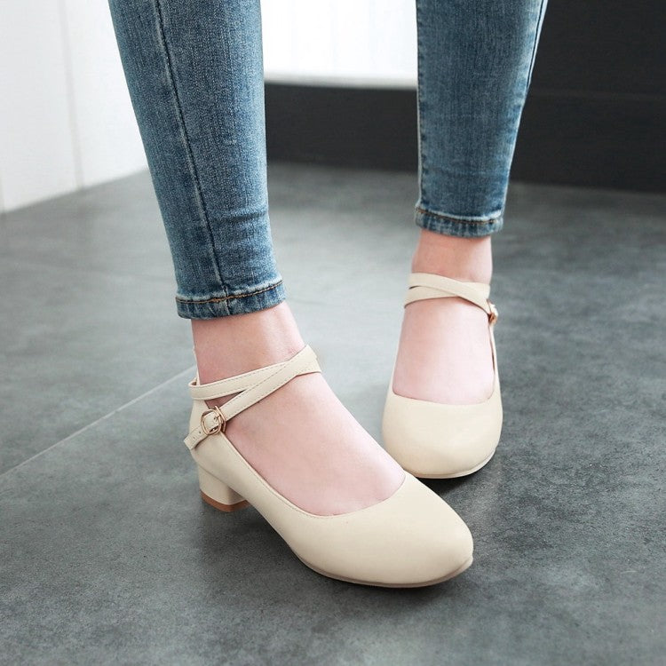 Women Ankle Strap Chunky Pumps Low Heels Shoes